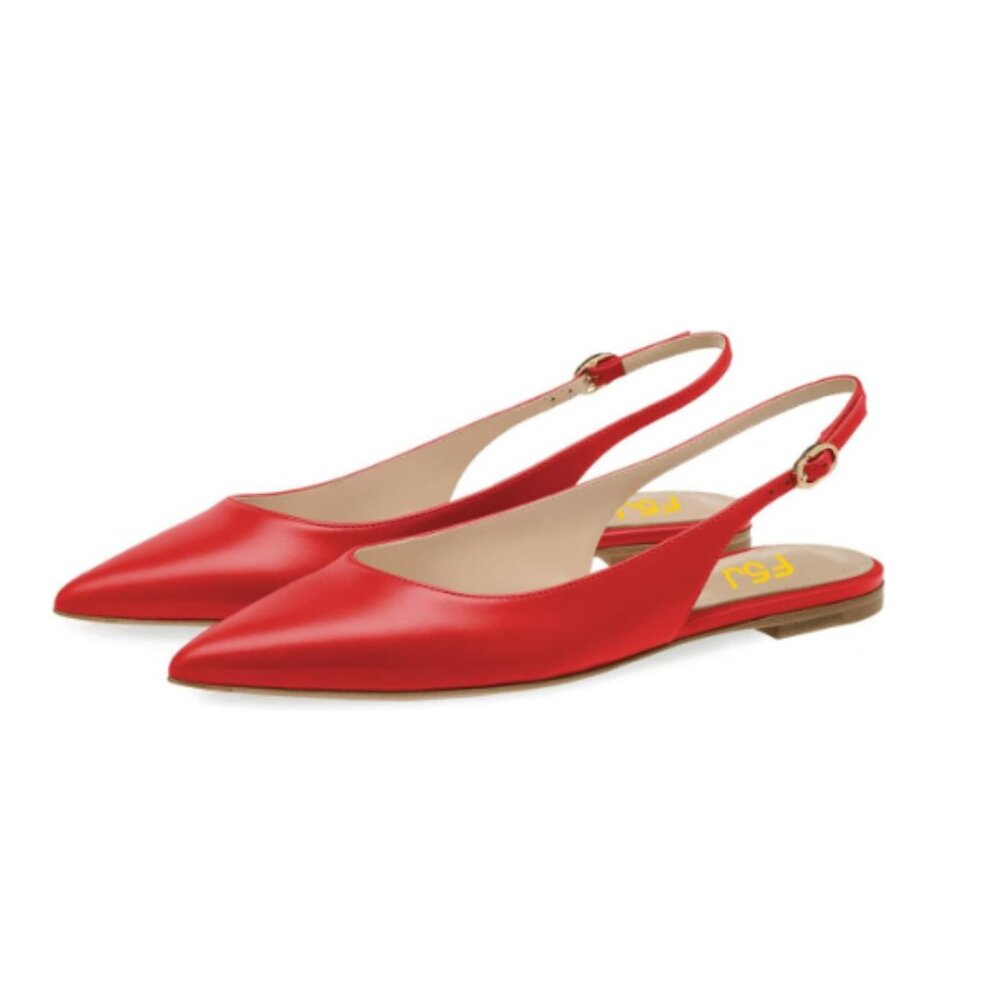 FSJ Women Pointed Toe Slingback Flats Pumps Low Heels Faux Leather Dress Pump Co